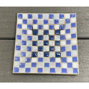 Vintage Mid Century Ceramic Mosaic Tile Ashtray Trinket Blue White Dish 5" x 5”